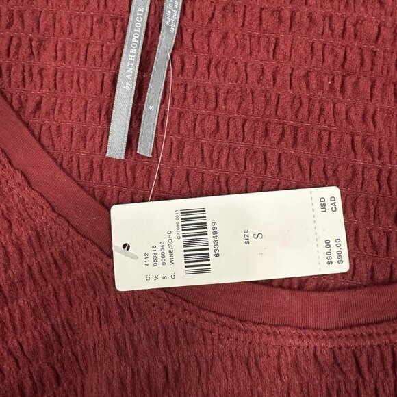 Anthropologie Smocked Bell Sleeve Top Women’s Small Wine Burgundy Textured Knit - Picture 5 of 10
